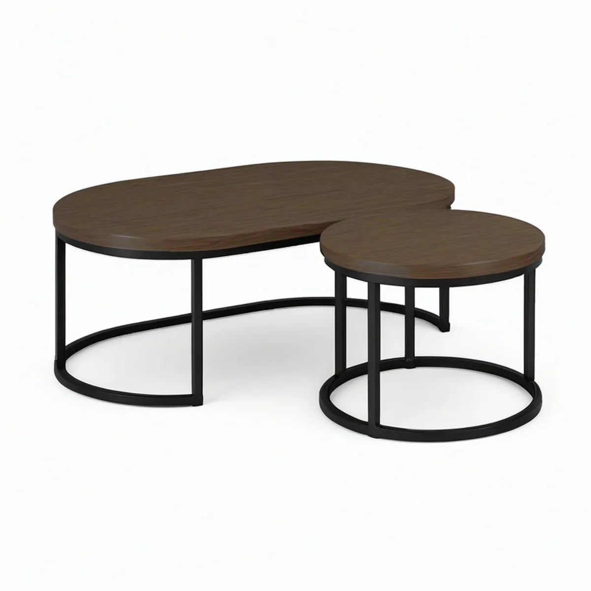 Sada 2 konferenčních stolků s MDF deskami v dekoru tmavého ořechu a černou ocelovou podnoží, 100 × 60 × 45 cm a Ø 60 × 35 cm