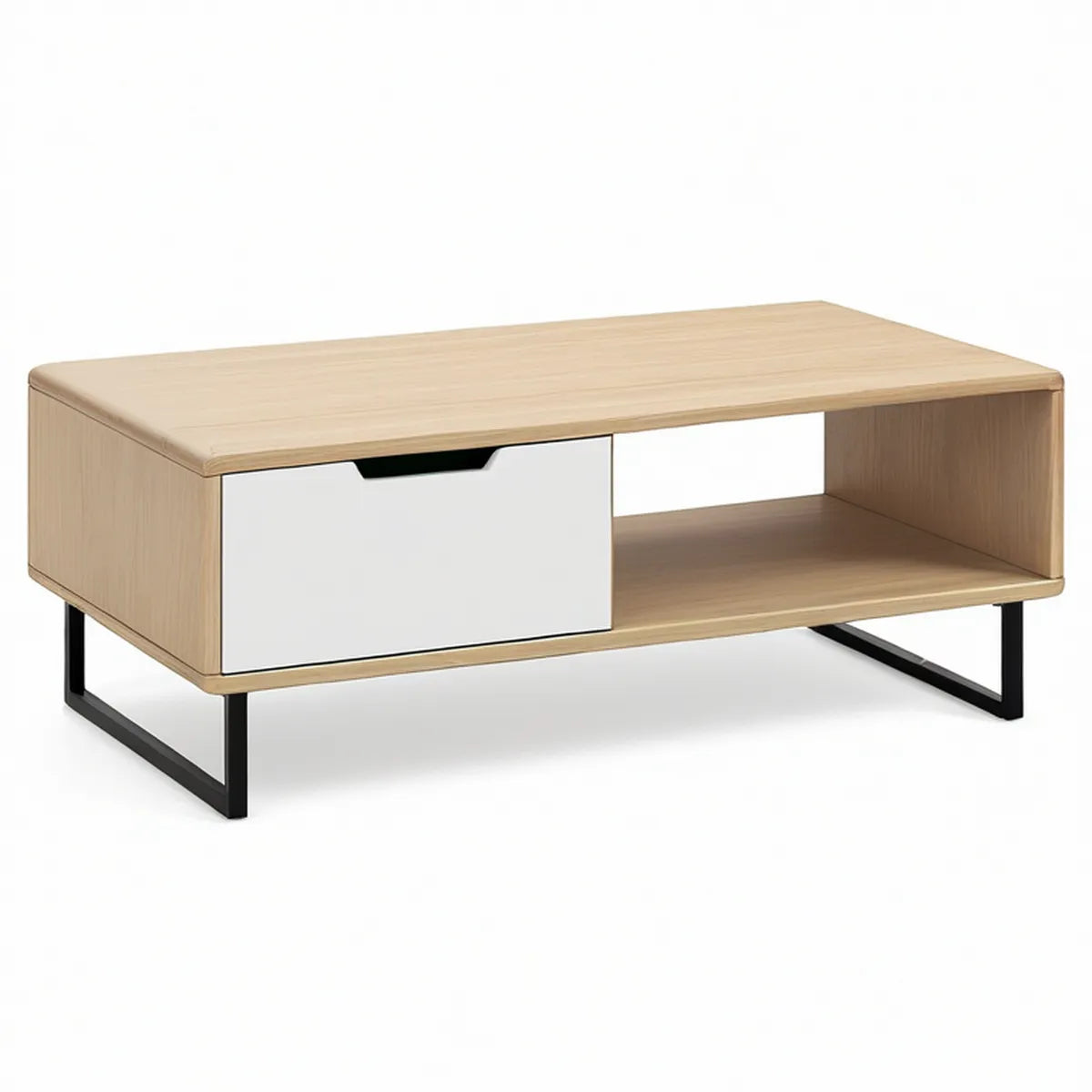 Konferenční stolek se zásuvkou a otevřeným úložným prostorem 100 × 50 × 45 cm, světlý dub/bílá/černá