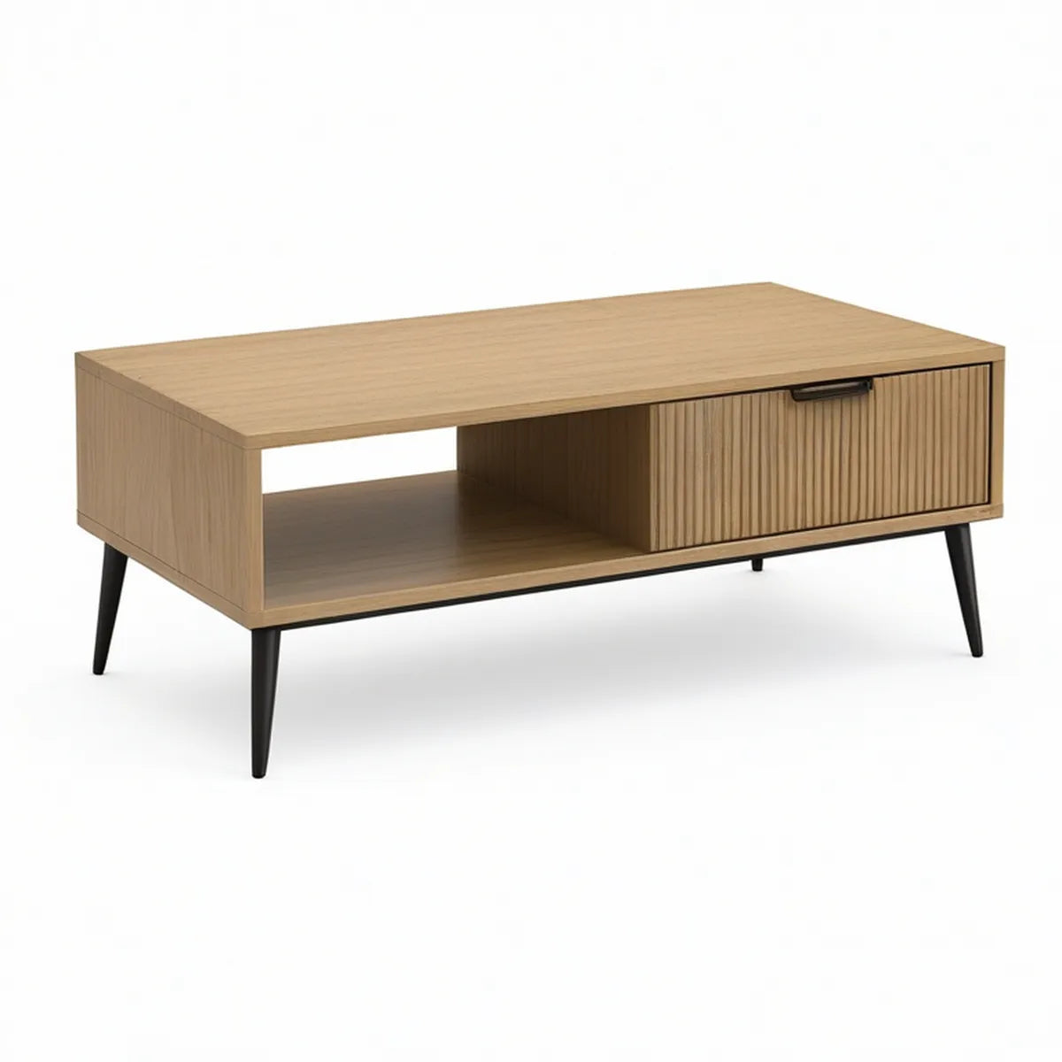 Konferenční stolek z MDF s dubovou dýhou, přírodní dub/černá, 120 × 60 × 45 cm